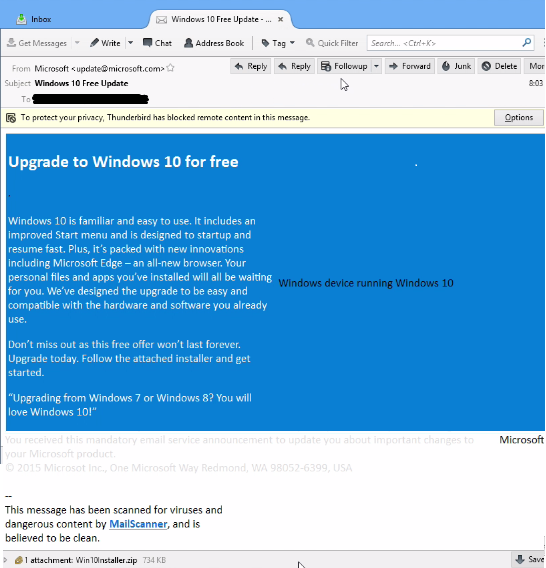 Windows 10 Upgrade is scammed and spoofed from the point of the first email notification.
