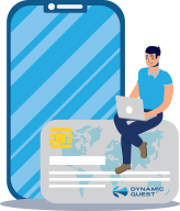 Animated man on Dynamic quest card with smartphone and laptop